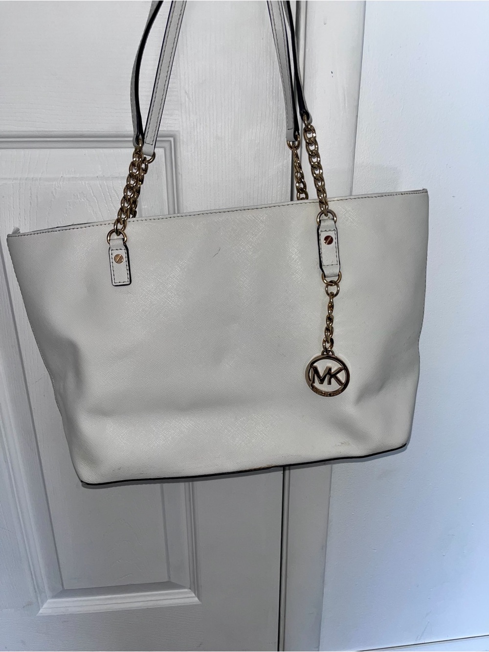 Michael Kors Cream Leather Tote with Gold Chain Charm